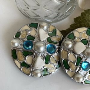 Vtg LA RAGE Mosaic Earrings Circles Gems Statement